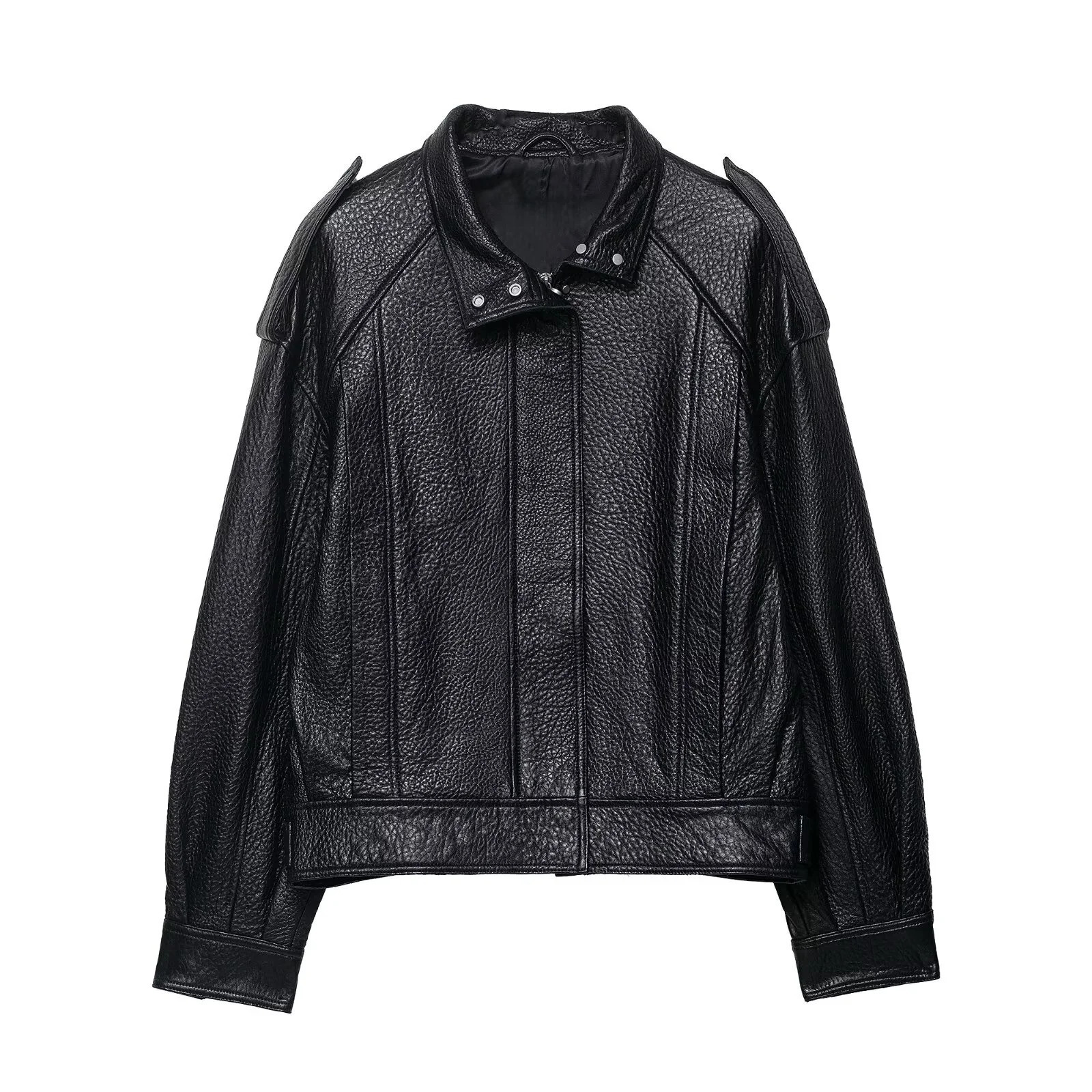 Autumn Womens Casual Fashion Versatile Loose Stand Collar Leather Pilot Jacket Leather Jacket Coat 251023