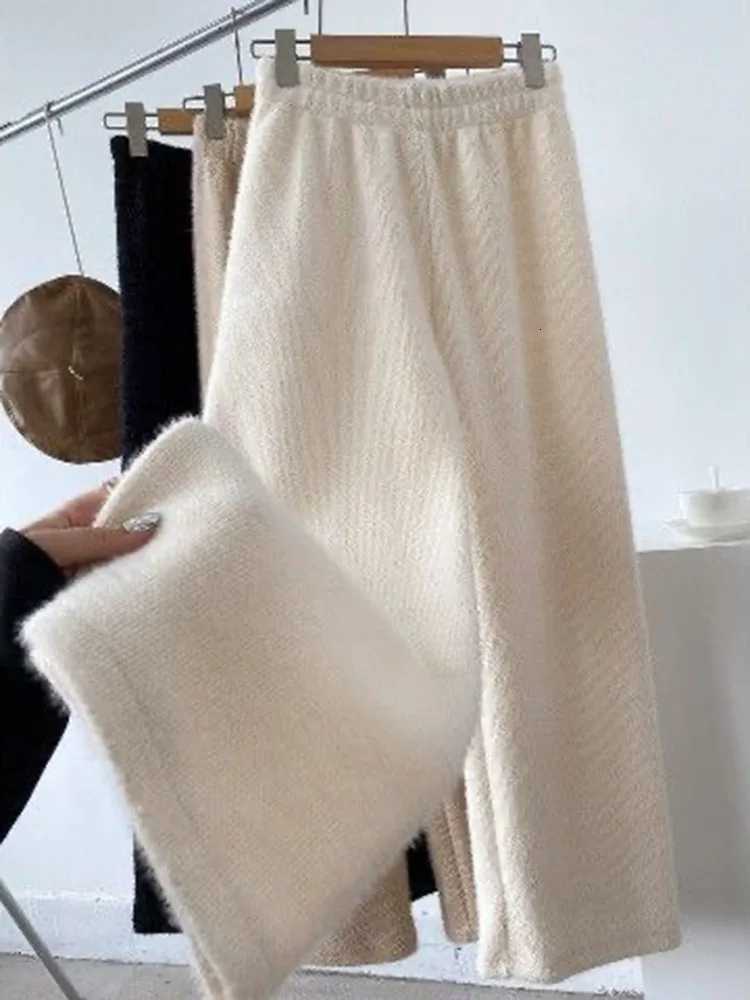 Knitwears Imitation Mink Wide Leg Pants Vintage Winter Fall Thick Straight Pantalones High Waist Plus Size 95kg Plush Broek XQ35T251025