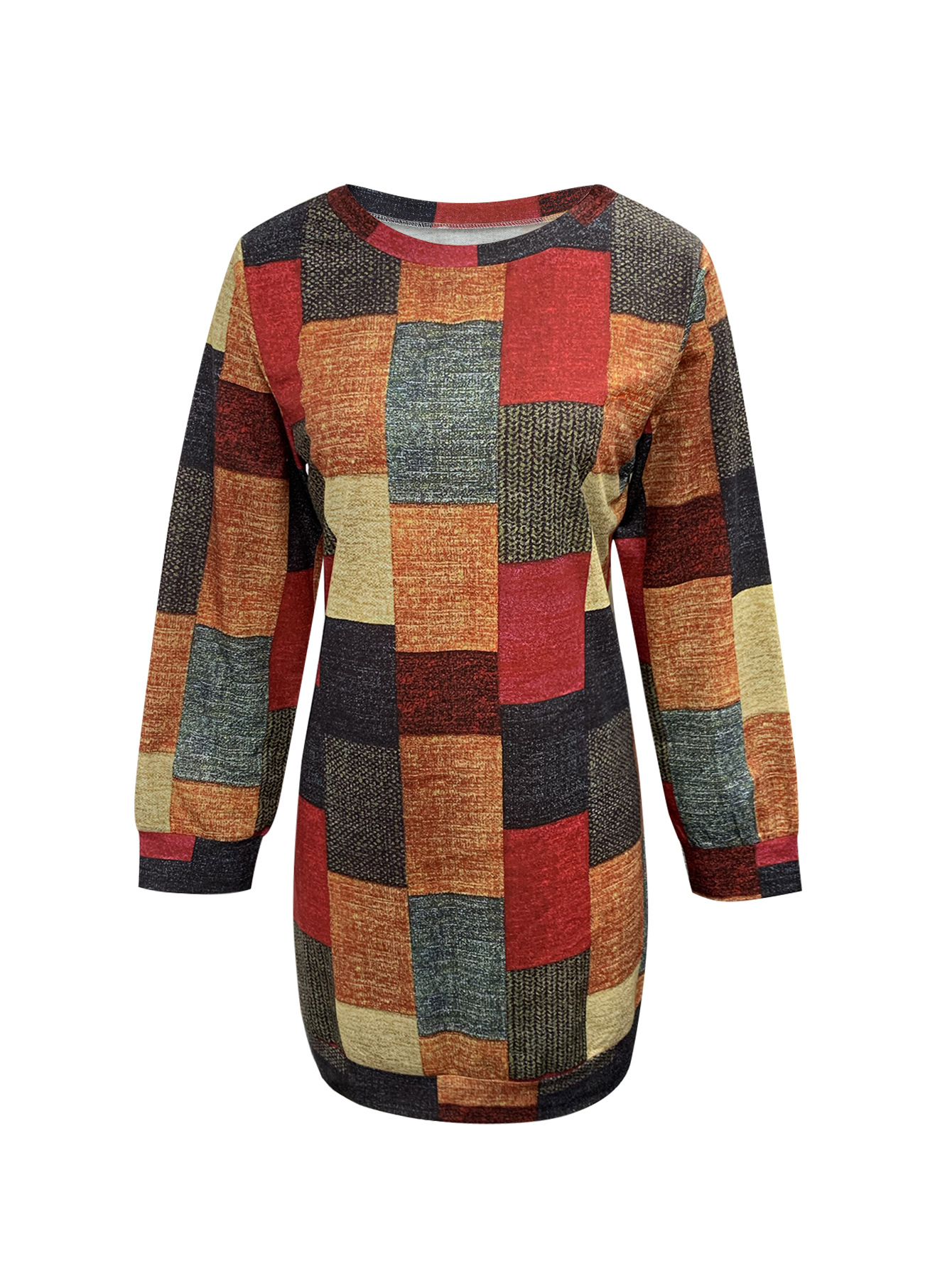 Autumn Winter Versatile Plaid Printed Mom Style Fashion Streetwear Women's Sweatshirt Dress, Milk Silk Mixed Color Dress, S-XXL---CF41445