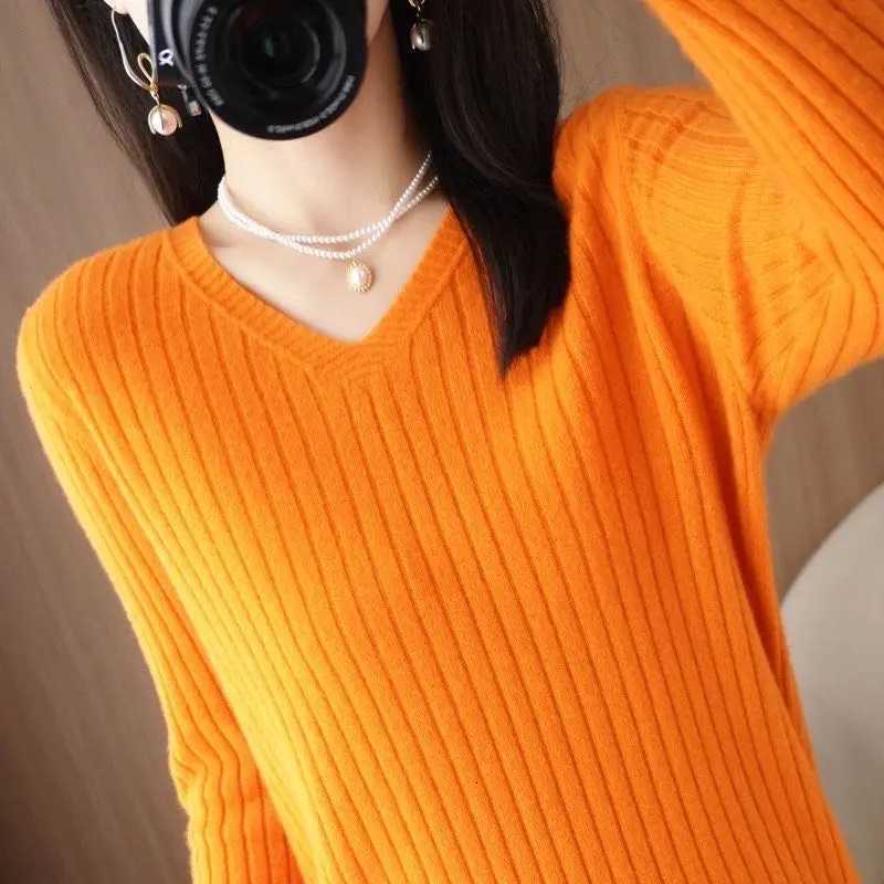Chic Casual Autumn Winter Basic Sweater Pullovers Women Vneck Solid Knit Loose Pullover Female Long Sleeve Warm Khaki SweaterT251025
