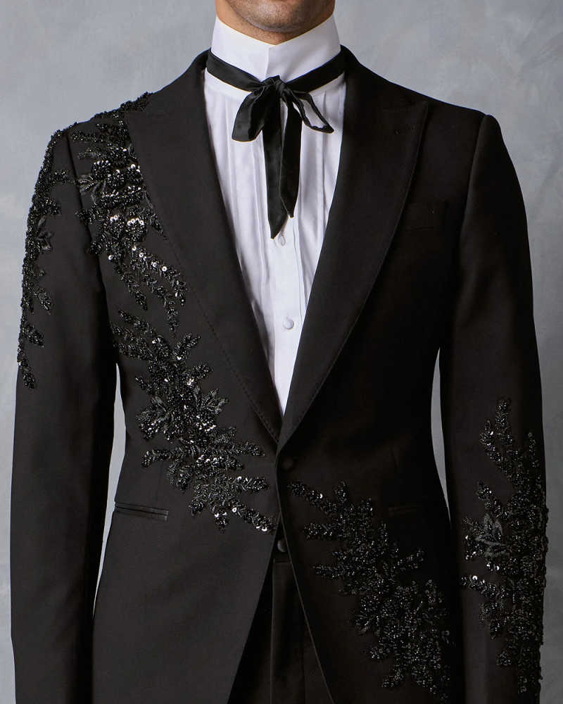 Customized Elegant Embroidery Beads Men Suits Slim Fit Peak Lapel Groom Tuxedos 2 Pieces Sets Male Blazers Casual Ropa Hombre