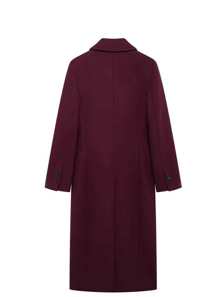 HH Women Fashion Burgundy Woolen Coat Double Breasted Long Sleeve Lapel Blends Jacket Autumn Winter High Street OuterwearT251025