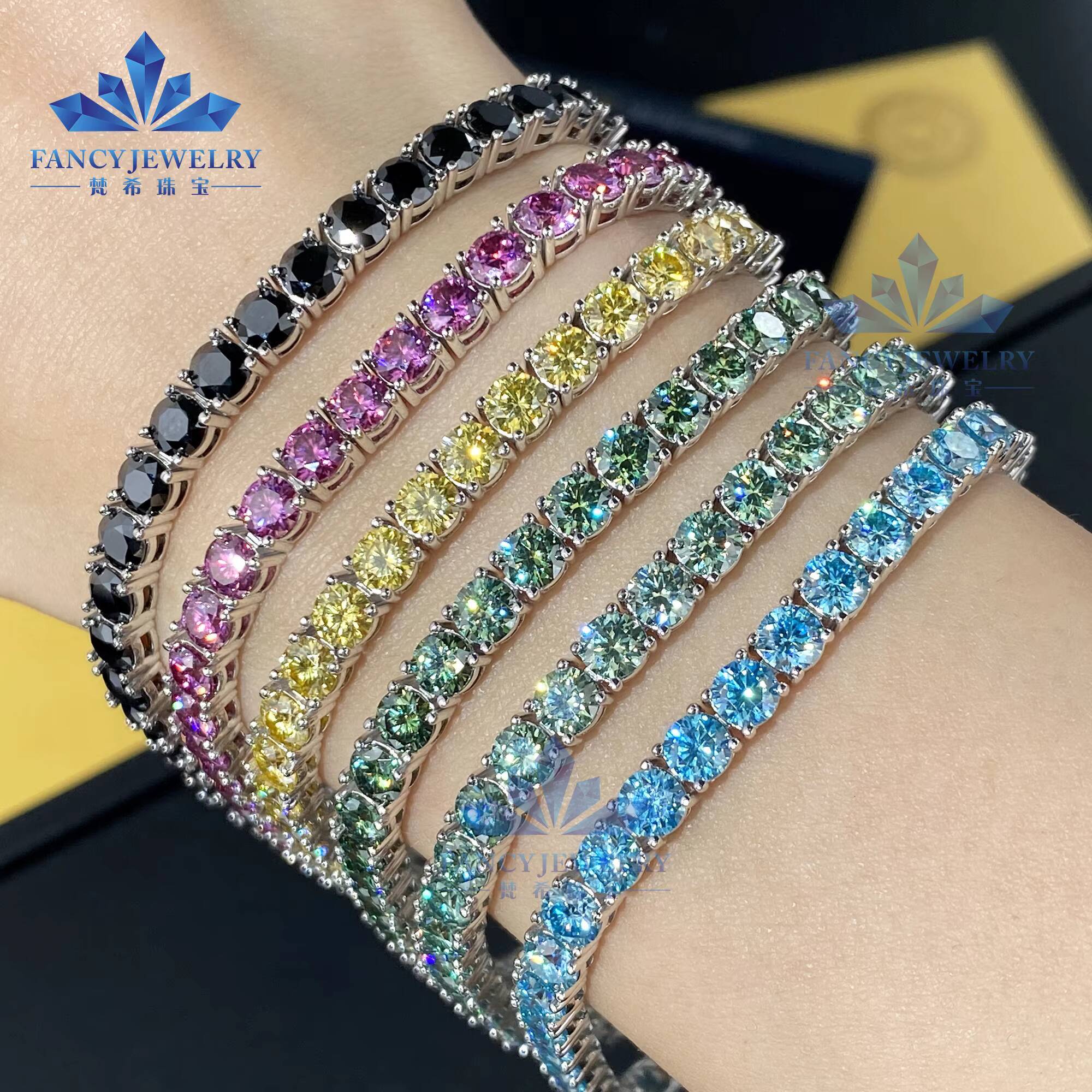 FancyJewelry Hip Hop 925 Sterling Silver VVS Moissanite Diamond 3mm Moissanite Tennis Bracelet Black Blue BlueGreen Yellow Pink