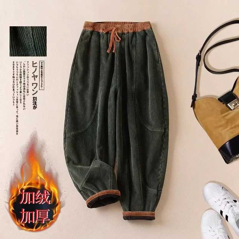 Corduroy Plus Velvet Thickened Harem Pants Autumn Winter 2025 New Strap Waist Casual for Women Slim FeetT251025