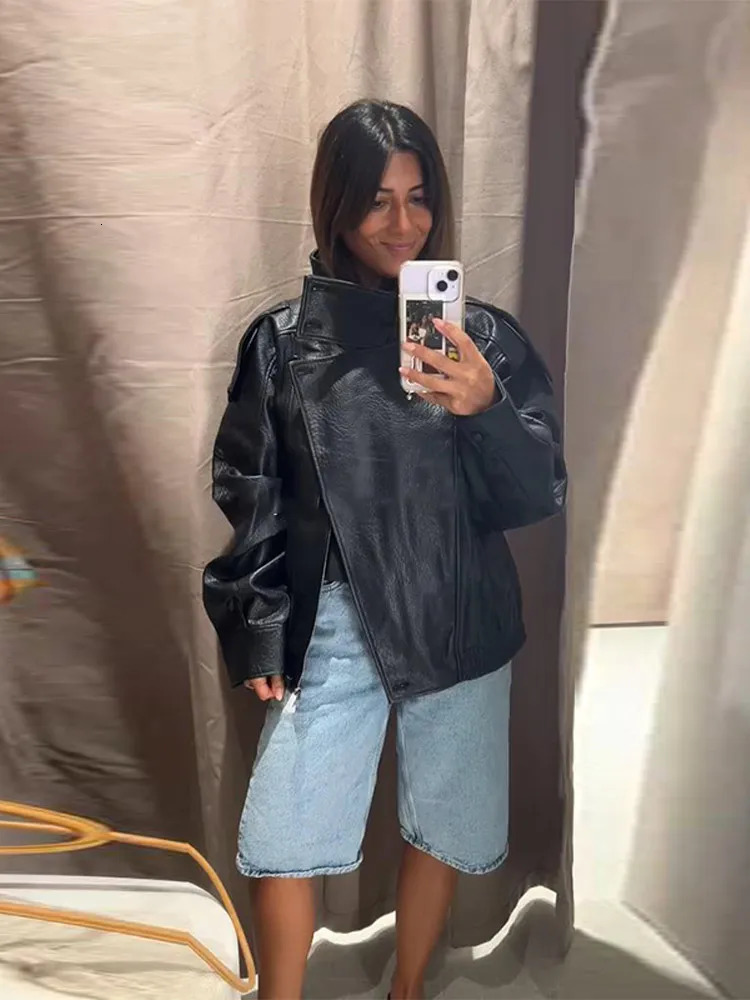 Street Stand Collar Womens Leather Jacket Loose Long Sleeve Zipper Pockets Chic Female Coats Autumn Winter Lady Outerwear 251020