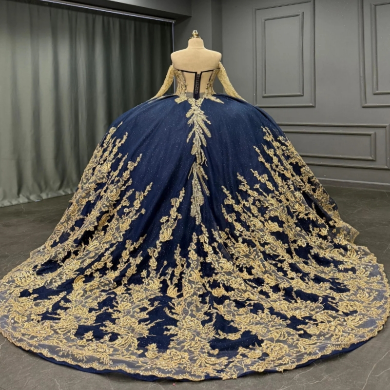 Royal Blue Shiny Quinceanera Dresses Ball Gown Off The Shoulder Gold Applique Lace Beading Tull Long Sleeves Party Birthday Sweet 16 Dress Vestidos 15