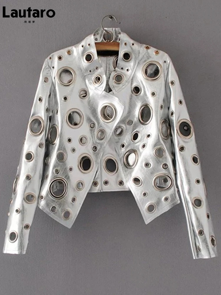 Lautaro Runway Cut Out Short Faux Leather Jacket Golden Rivet Cool Stylish er Clothes Women European American Fashion 251020