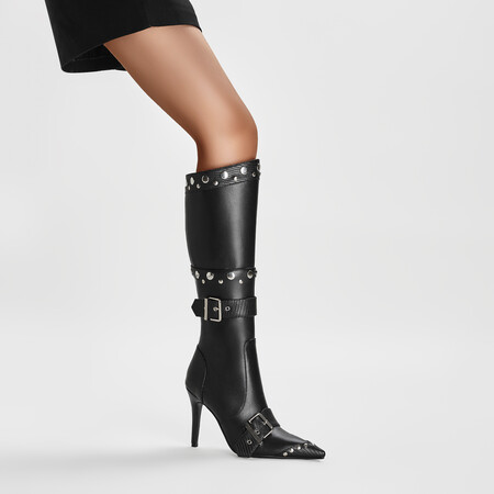 Chengdu Craftsmanship Two-Way Wear Punk Stud Boots 10cm Stiletto Heel Belt Buckle Pointed Toe Ankle and Knee High Boots Black