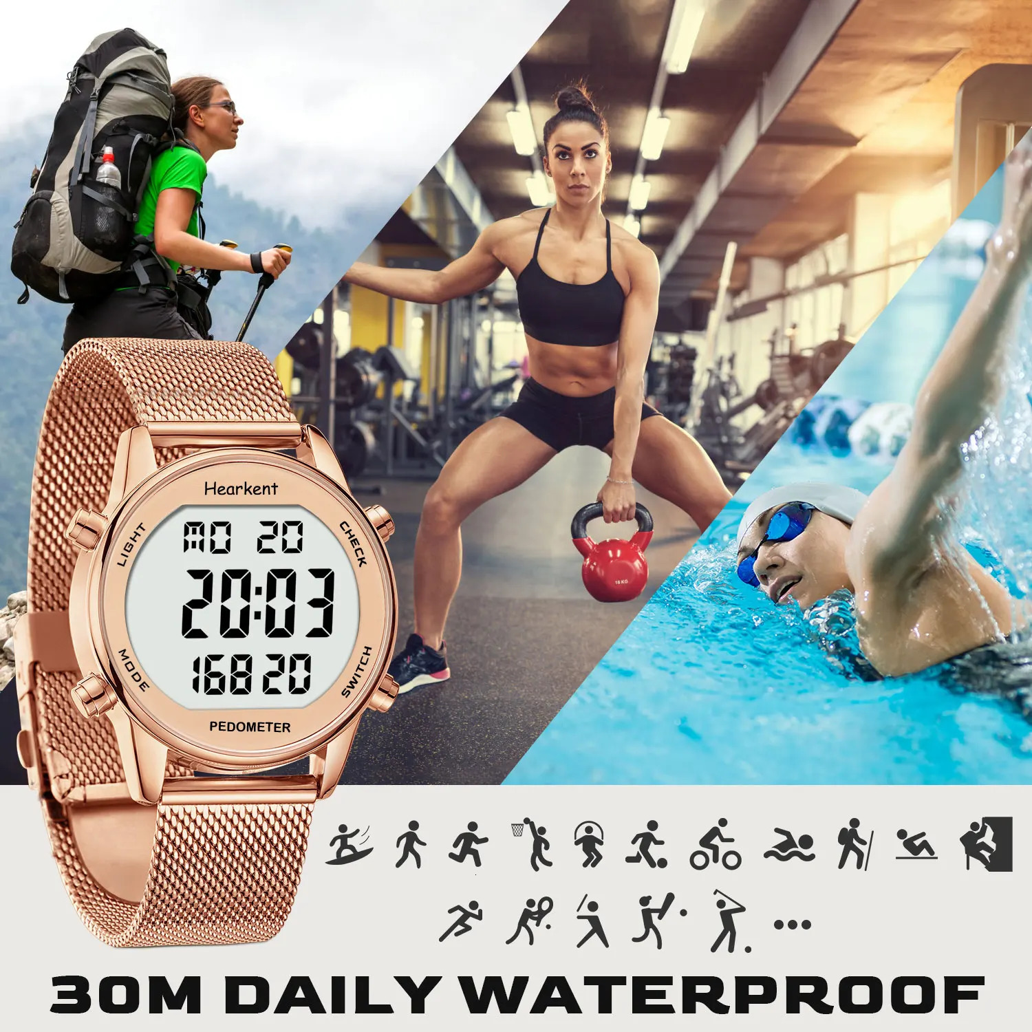 Hearkent Pedometer Watches Sport Step Counter Womens Digital Watches Calories Mile Tracker Waterproof 30M for Walking Running 251021