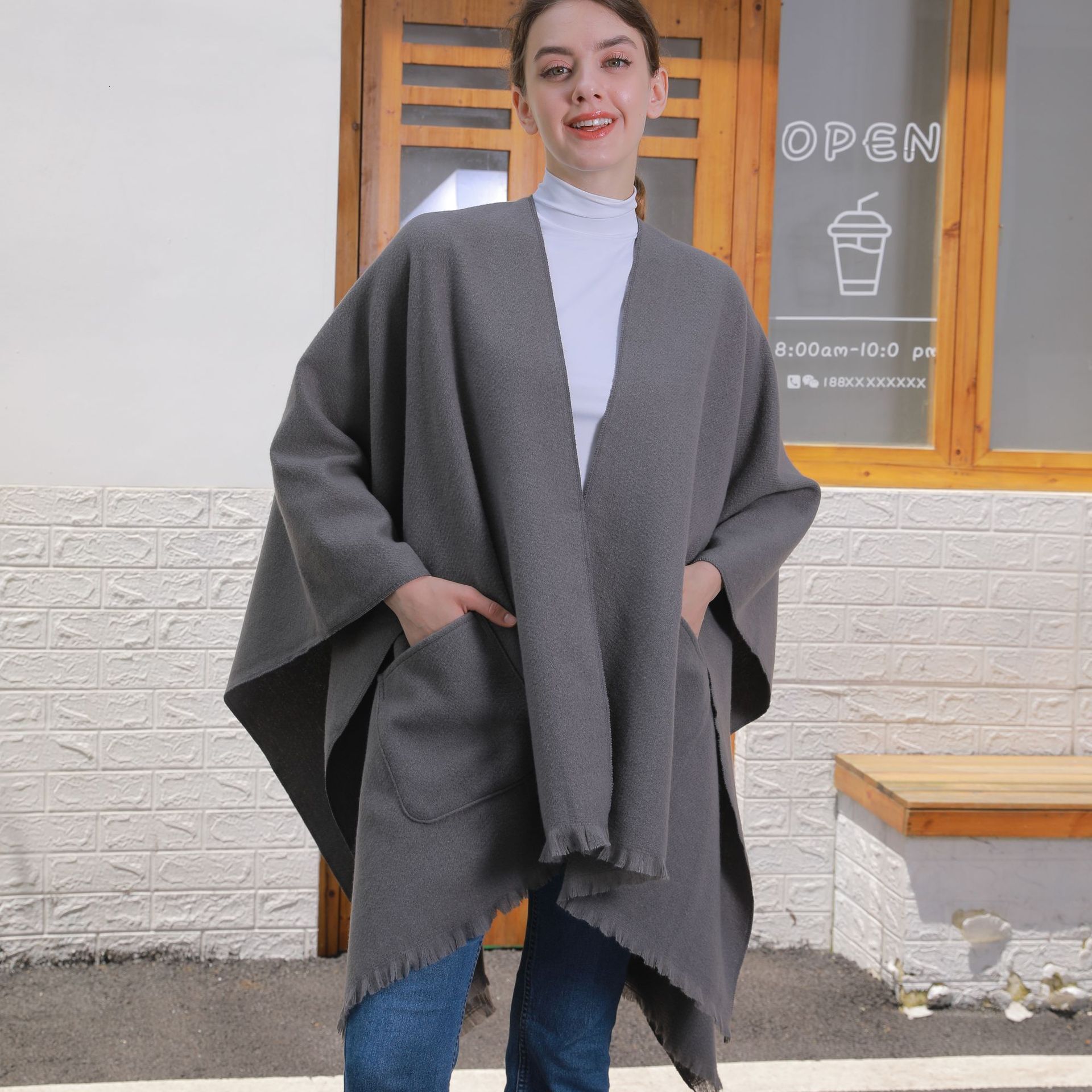 New Solid Color Pocket Shawl for Women Versatile Tassel Split Cape Travel Outerwear Warm Cardigan