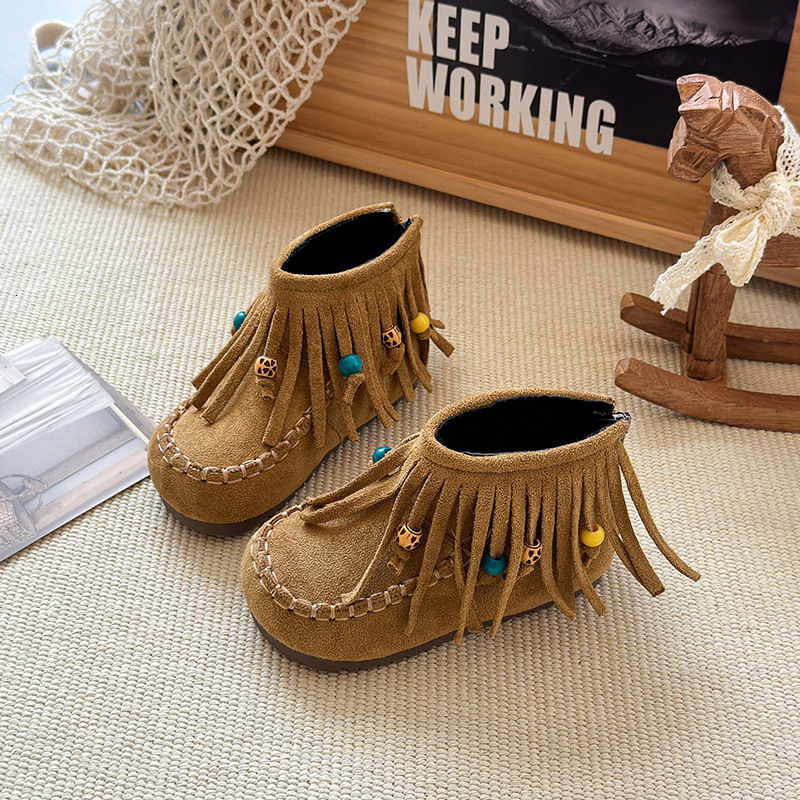 Retro fashion designer princess children's shoes, girls' tassel boots, girls' boots, velvet short boots, girls' autumn and winter 