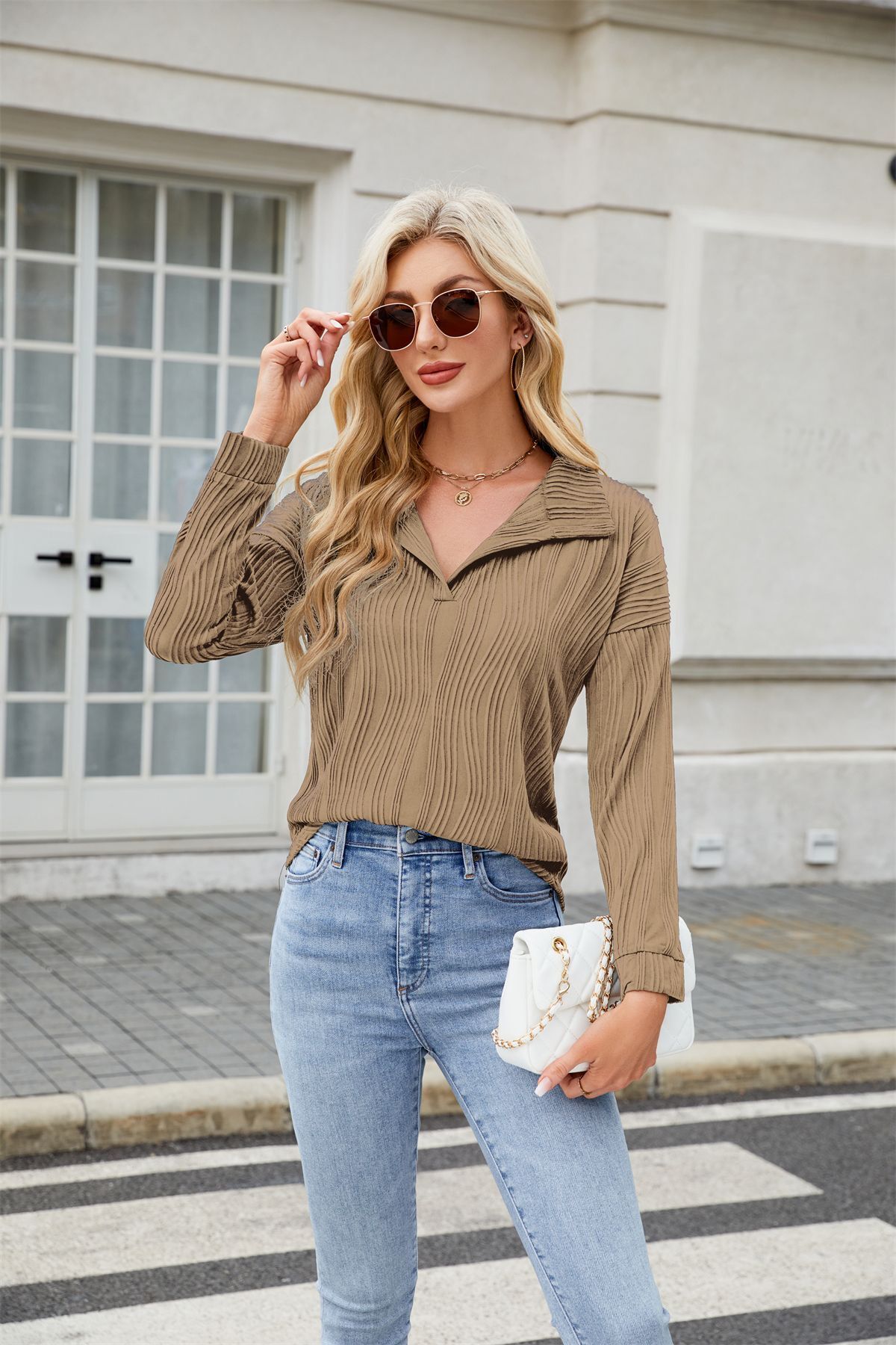 2025 New Womens Clothing Top Casual Vneck Solid Color Polo Shirt Long Sleeve