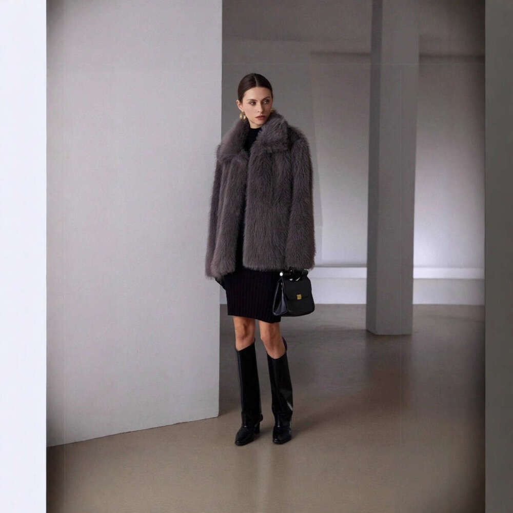 Autumn and Winter Color Faux Solid Fur Coat Women's Overcoat