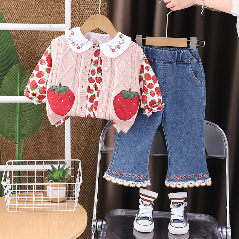 Free Shipping 2025 Girls Spring Outfit Set Strawberry Print Sweater Three-Piece Set Cute Baby Toddler Clothes Spring Fashion