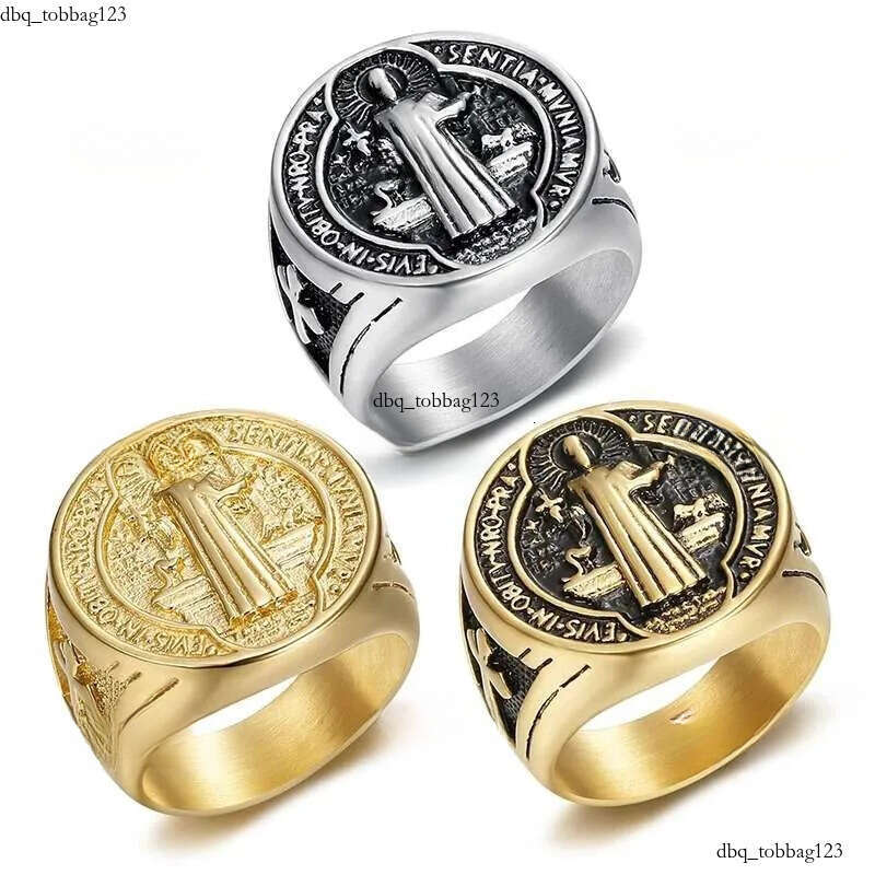Titanium Steel Catholic Patron Saint St Benedict of Nursia Holy Medal Cross Round Finger Rings for Men Punk Jewelry