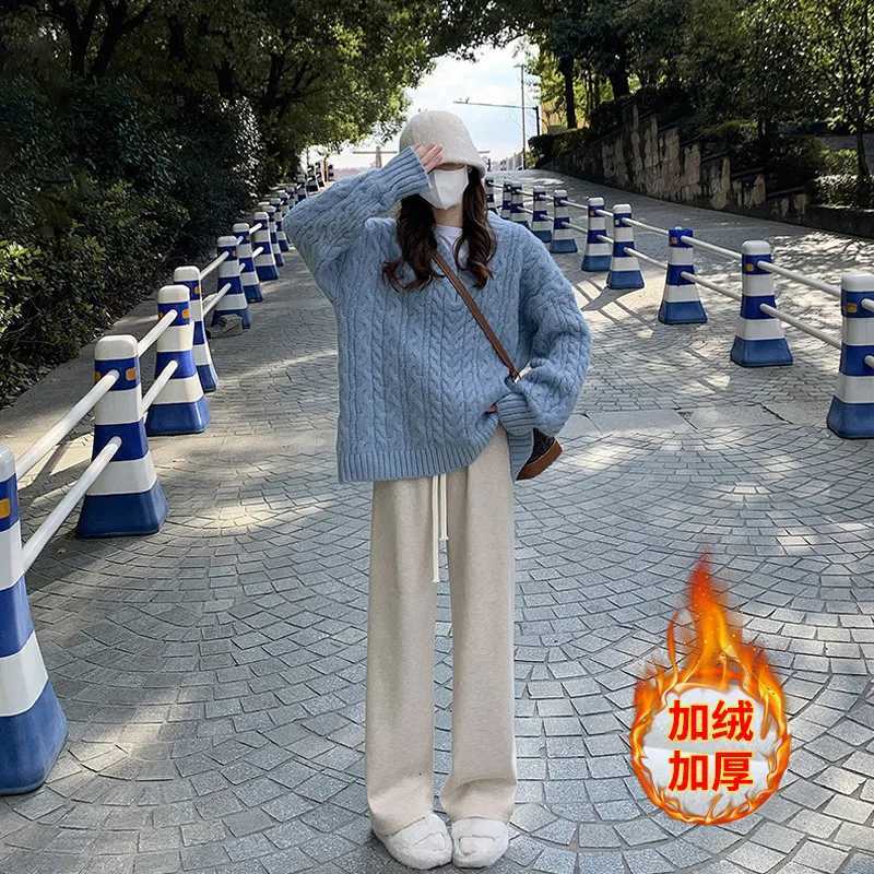 Imitation Cashmere Knitted for Women in Autumn Winter Thickened Velvet High Waist Loose Casual Straight Wide Leg PantsT251025