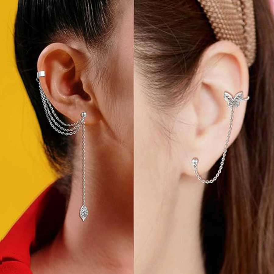 Ear Cuff Earrings for Women Stainless Steel Cuff Chain Drop Dangling Earrings Helix Cartilage Cuff Earring Non Pierced Adjustable Silver Tone