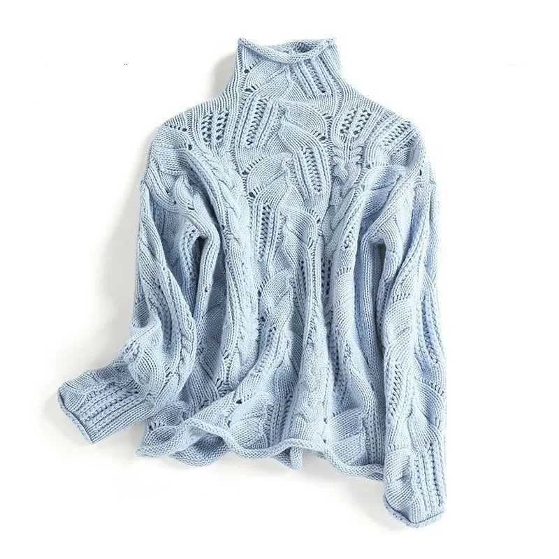 2025Autumn Winter Solid Korean Twist Hollow Women Sweater Causal Loose Wool Knit Pullover Turtleneck Women KnitwearsT251025