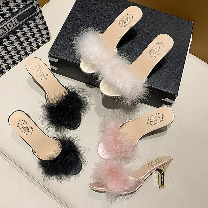 Large43 Mules Sandal Women Summer Outdoor Slippers Square Toe High Heels Office Ladies Feather Slides Chic Classics Furry Shoes 251023