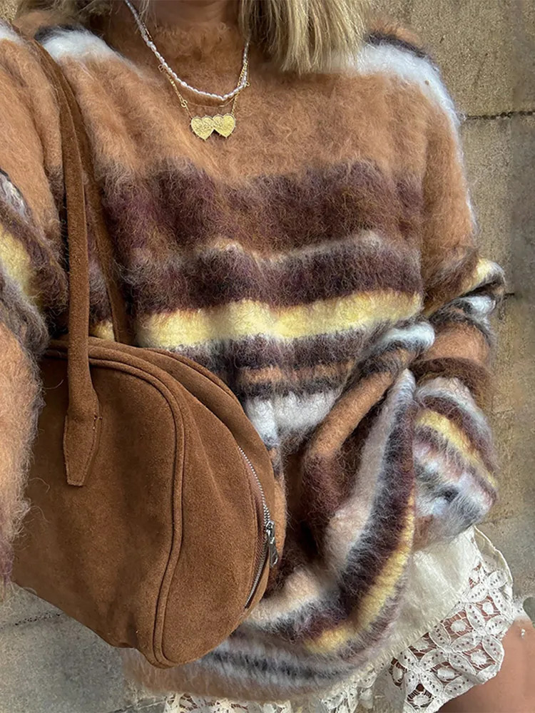 Retro Mohair Striped Sweater Women Casual Loose Plush Oneck Full Sleeve Sweaters Female 2025 Autumn Chic Street Knitwear 251023