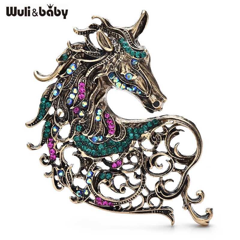Wulibaby Vintage Hollow out Handsome Unicorn Horse Brooch Multi color Crystal Horsehair Metal Badge Pin Jewelry Accessory J251115