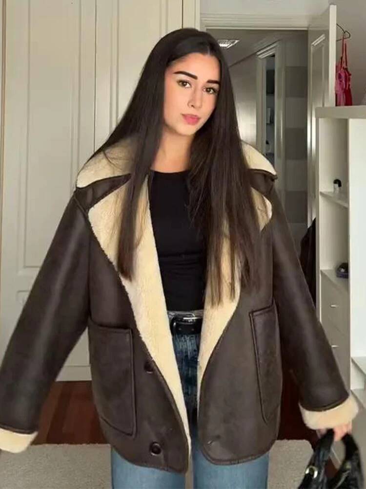 Fleece Fur Leather Jacket Coat Lapel Single Breasted Pocket Double-Sided Jackets Autumn Winter New Thickened Warm Women Overcoat dongdumaoyi