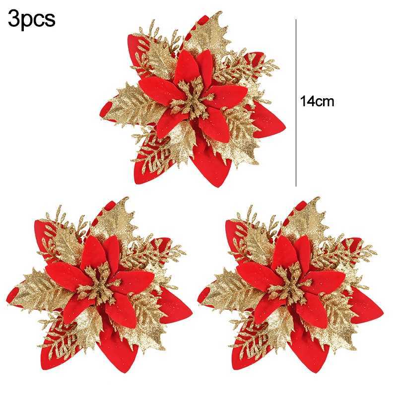 3Pcs 14cm Christmas Flowers Glitter Artificial Red Gold Flower Head Berry DIY Xmas Tree Ornament Decorations for Home New Year C251024