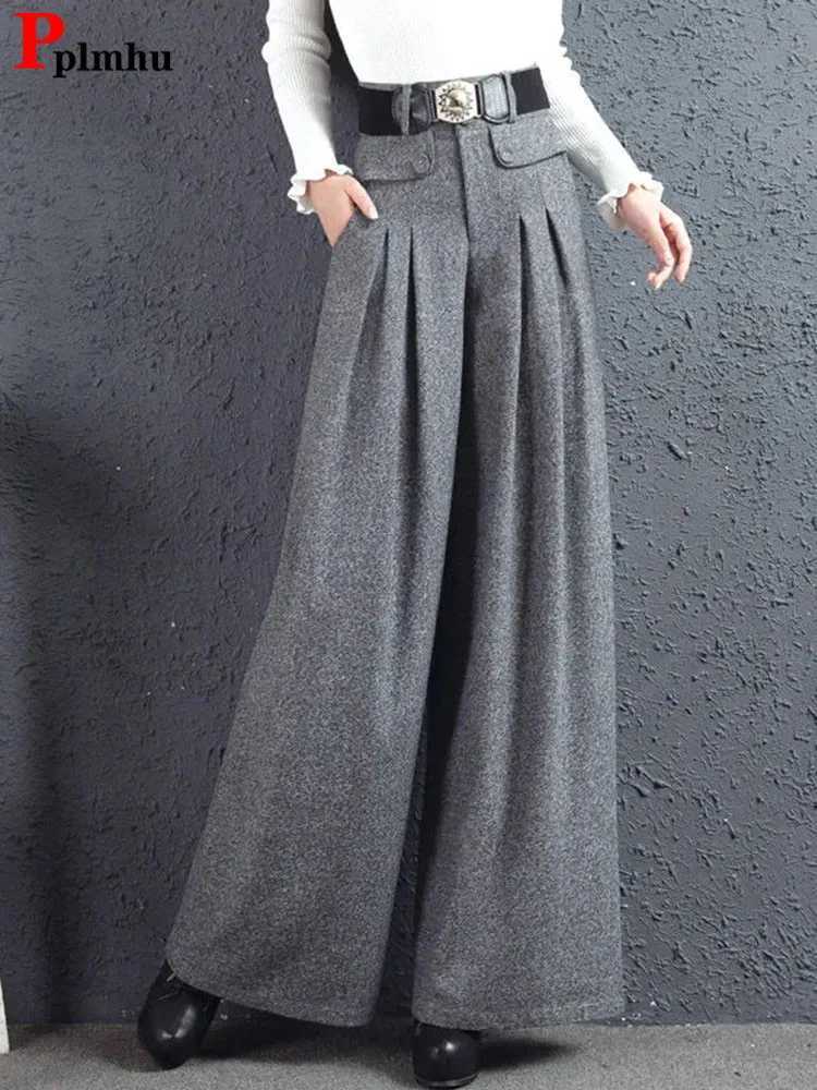 Autumn Winter Woolen Blend Culotte Elegant High Waist Wide Leg Pants Women Baggy Korean Fashion Pantalones Oversize Belt TrouserT251025