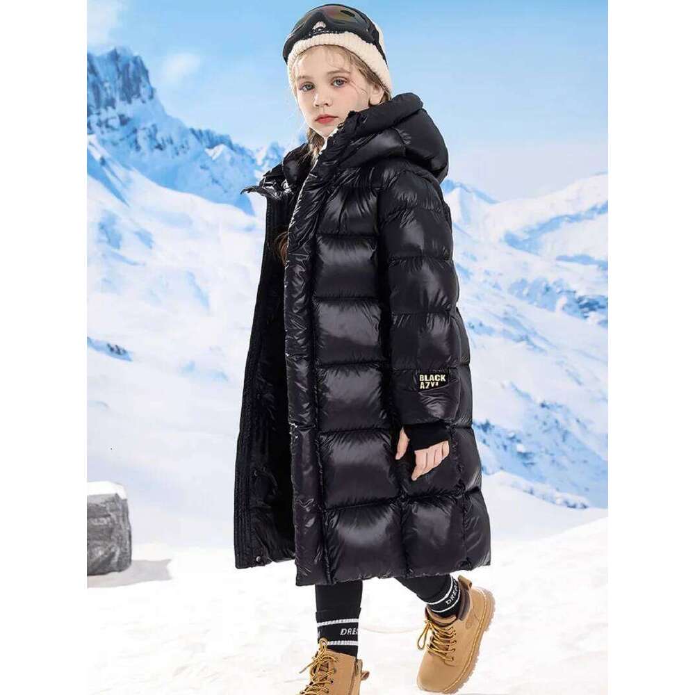 Winter Warm Girls Black X-Long Hooded Full Zipper Puffer Jackets School Kids Thick Snow Coat Children Outfit Windbreaker 5-16 Yr
