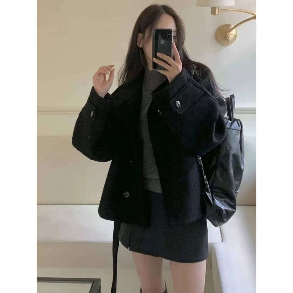 Women S Winter Faionable Korean Sle Retro High Collar Woolen Coat Versatile Ele Ort Length Single Button Closure