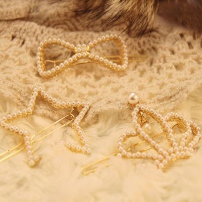 Korean Version Full Pearl Bow Five-Pointed Star Crown Heart Side Hair Accessories Frog Clip