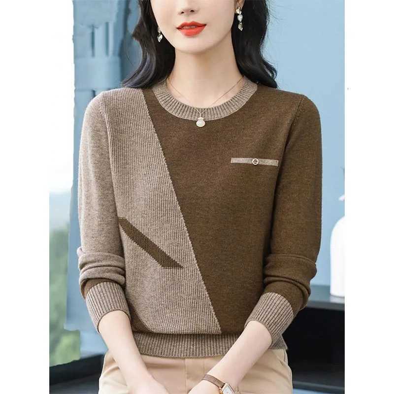 Womens Clothing Vintage Fashion Knit Wool Pullovers Autumn Winter New Elegant Chic Patchwork Oneck Sweaters Lady Allmatch TopT251025