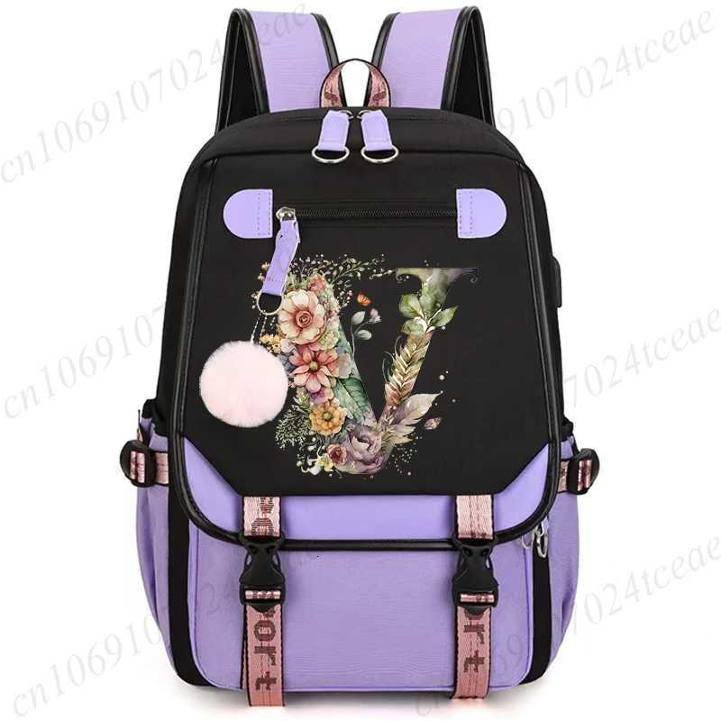 26 Alphabet Flower Women Schoolbag Waterproof Large Capacity School Backpack Zipper Teens Girl Casual Daypack Bag Student NEW W251025
