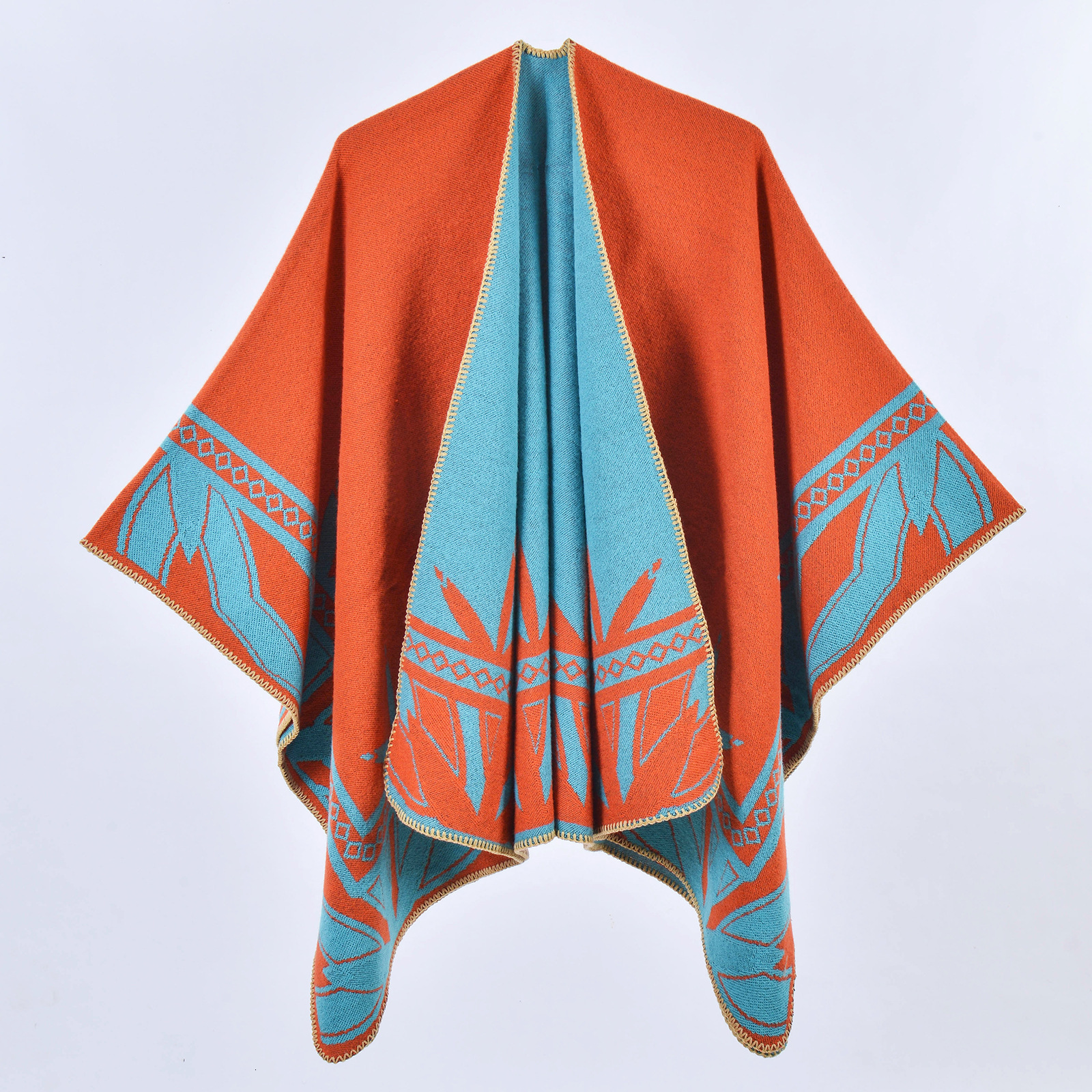 Autumn Winter New Thickened Imitation Cashmere Split Cape Shawl Travel Outerwear Cloak