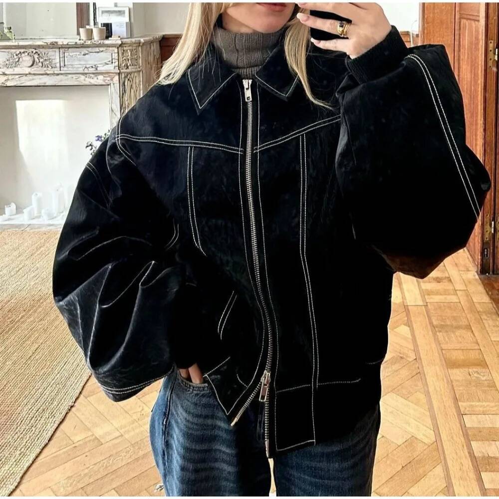 2025 Autumn New Style Retro Collar Leather Coat Jacket dongdumaoyi