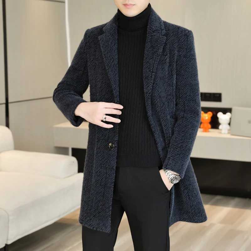 Casual Mens Striped Woolen Coats 2025 Winter Business Thicken Warm MidLength Top Overcoat Clothing Outwear Windbreaker JacketT251025