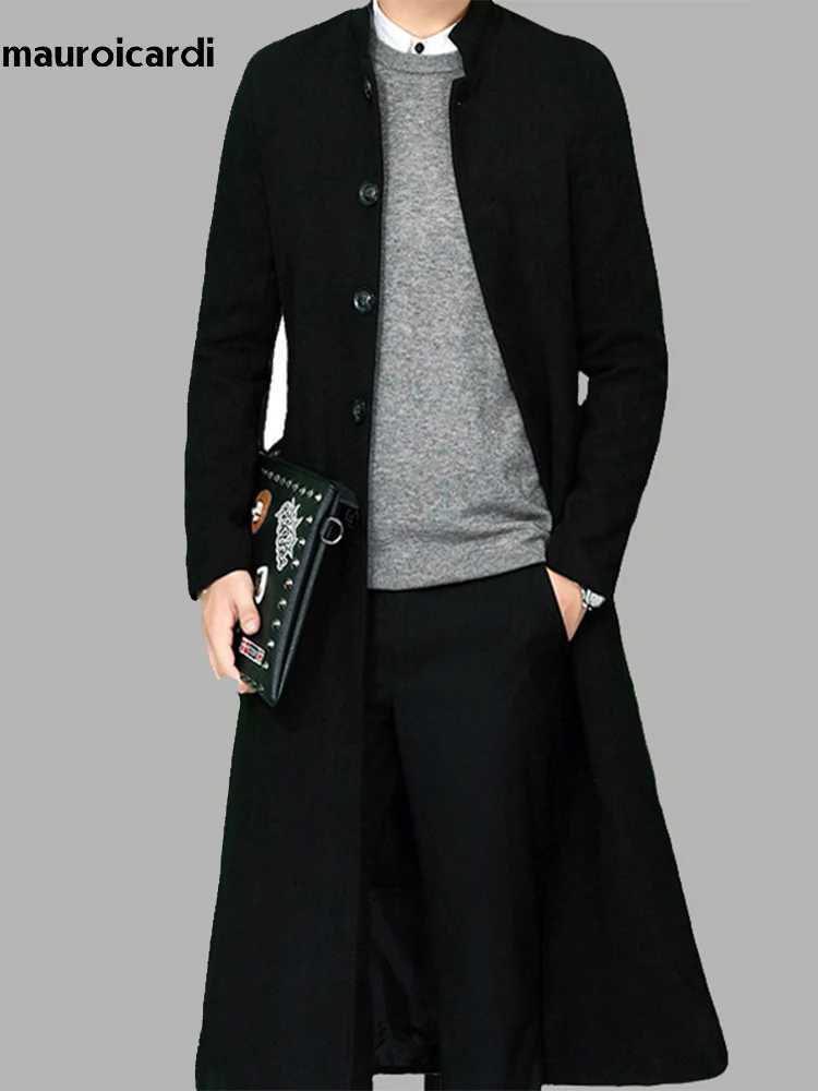 Mauroicardi Autumn Winter Long Fitted Black Thick Warm Soft Wool Blends Coat Men Single Breasted Luxury Designer Overcoat 2023T251025