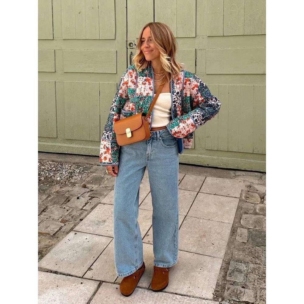New Autumn Vintage Print Patchwork Cotton Woman Coats Casual Loose Full Sleeve Short Jackets Winter Female Outerwear