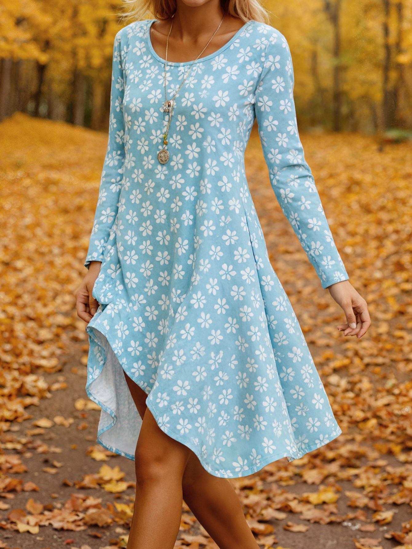 Autumn Winter New Women's Fashion Gentle Fresh Casual Vacation Dress, Milk Silk Blue Midi Dress, S-XXL---CF51213