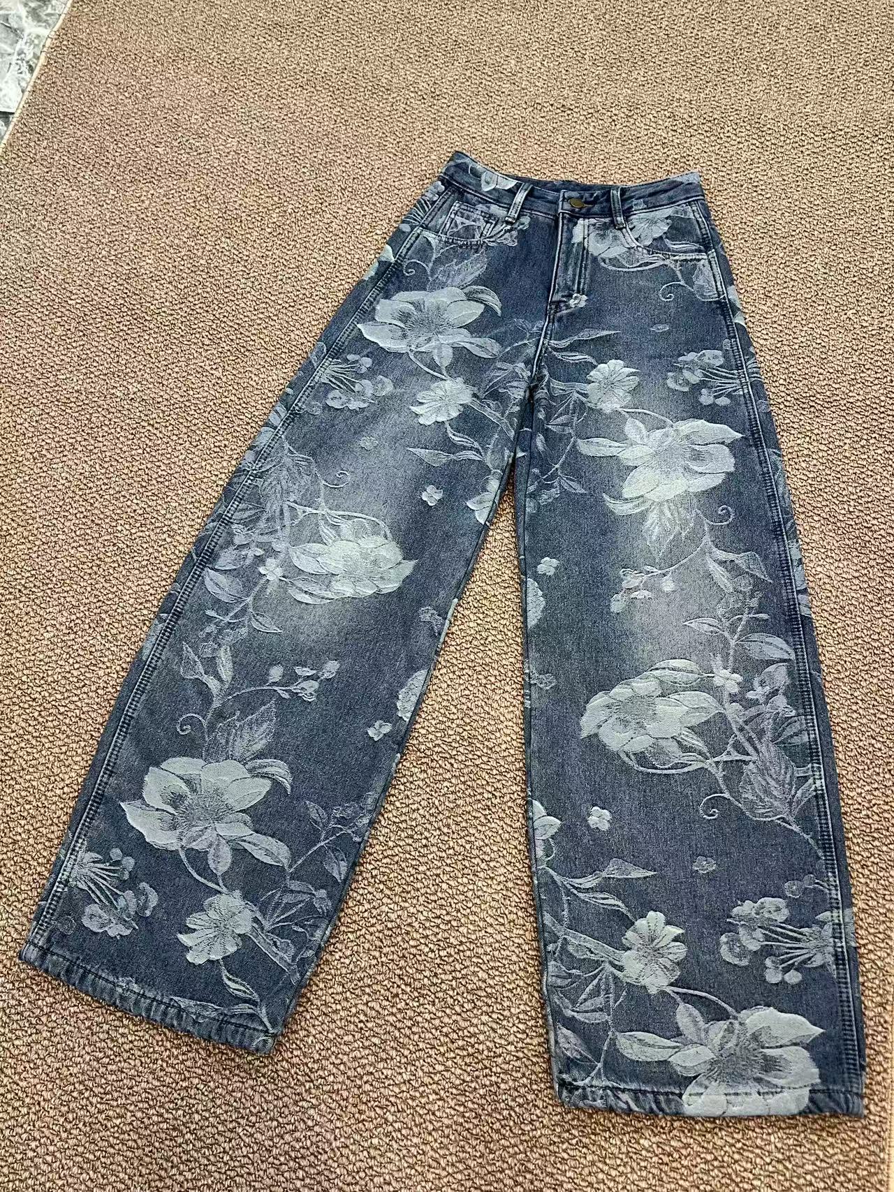 Women's Jacquard Fleece-Lined Loose Jeans - Casual Warm, Comfortable Denim Pants with Floral Pattern, Ideal for Autumn & Winter Daily Wear 2818 Z