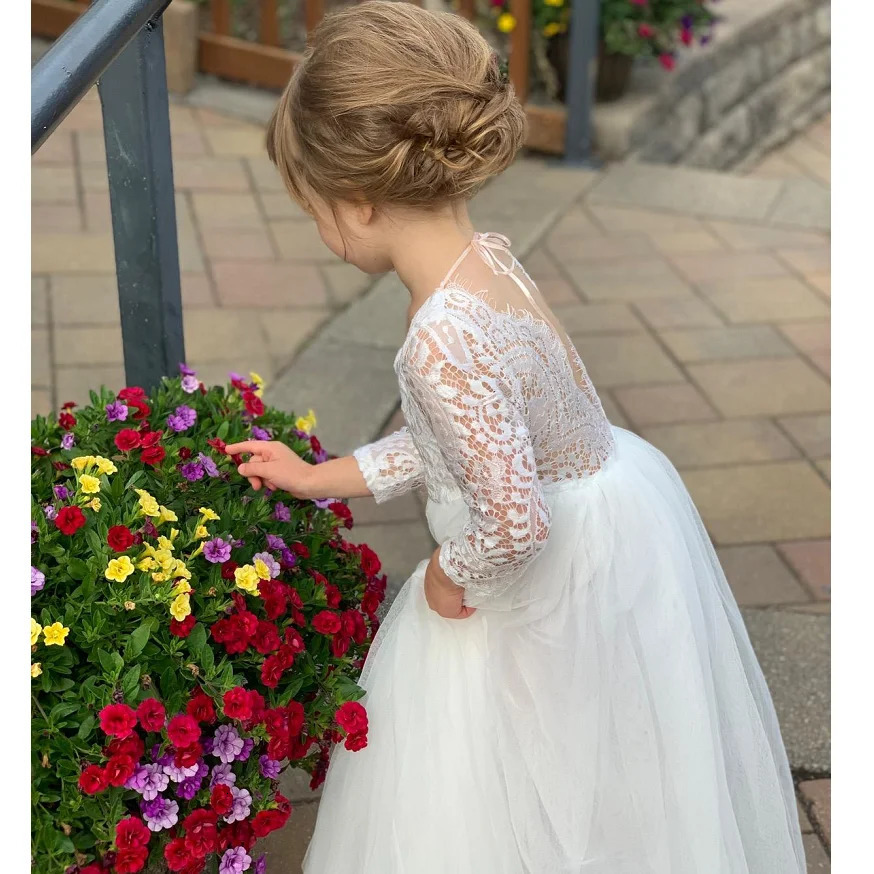 Summer Elegant Flower Girl White Wedding Lace white girl long dress Sleeve Mesh Girl Princess Dress backless girls aged 812 251023