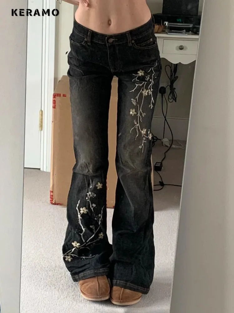 Weekeep Floral Embroidery Jeans Vintage 2000s Low Rise Flared Jeans Women Retro y2k Baggy Denim Pants High Street Basic Trousers 251023