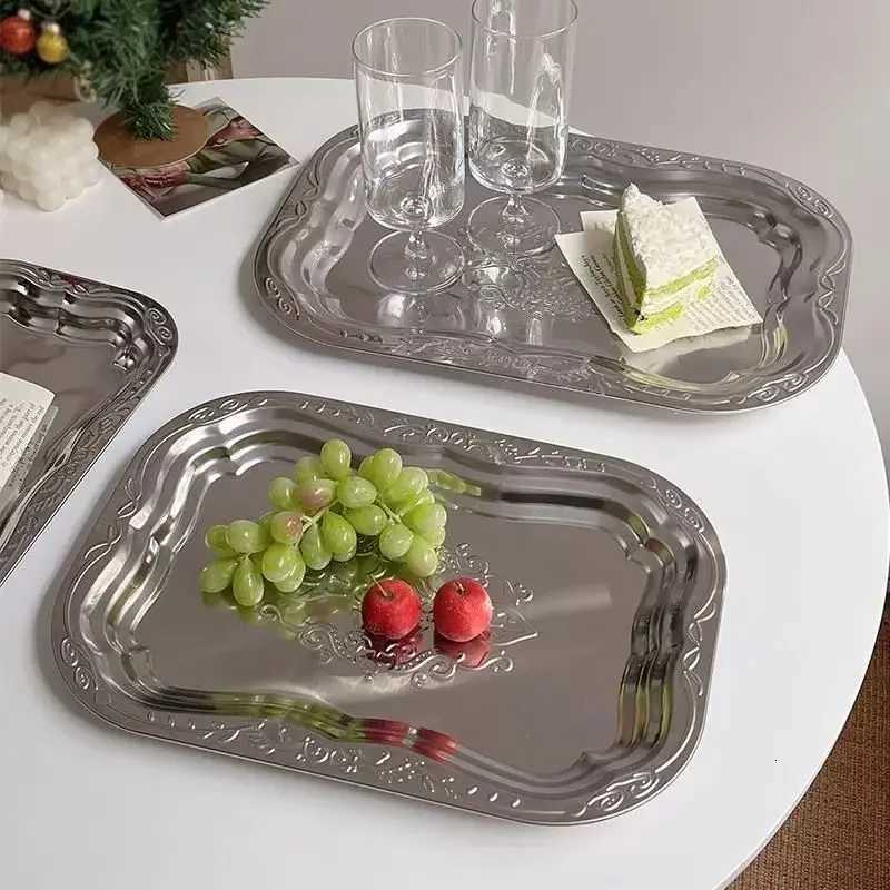 1PCS Stainless Steel Rectangar Tray with Embossed Design for Kitchen Living Ro Storage Durable Fruit Snack Cake Serving Dish Y251025