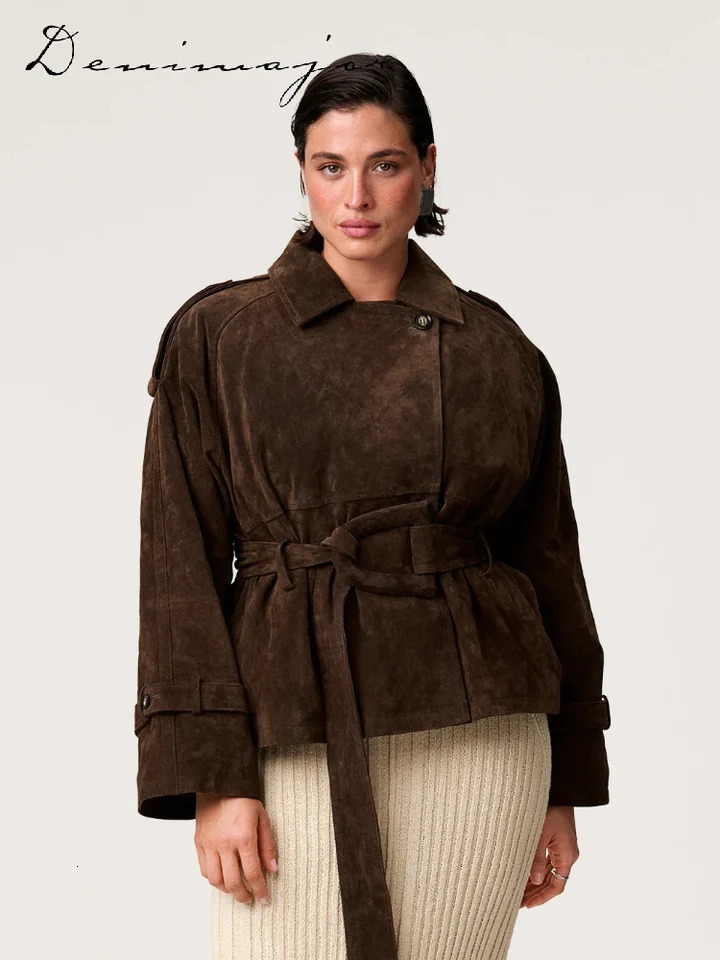 Vintage Lace Up Brown Suede Jacket Women Belt Loose Lapel Single Breasted Full Sleeve Jacket Autumn Lady Street Outwear 251020