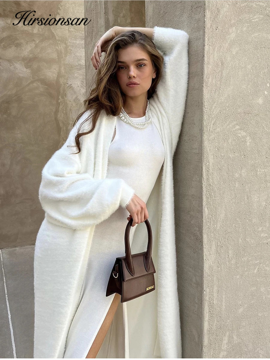 Hirsionsan Soft Knitted Set Women Autumn Winter Casual Long Sweater Cardigan with Belt Vest Midi Dresses Solid Tracksuit 251020