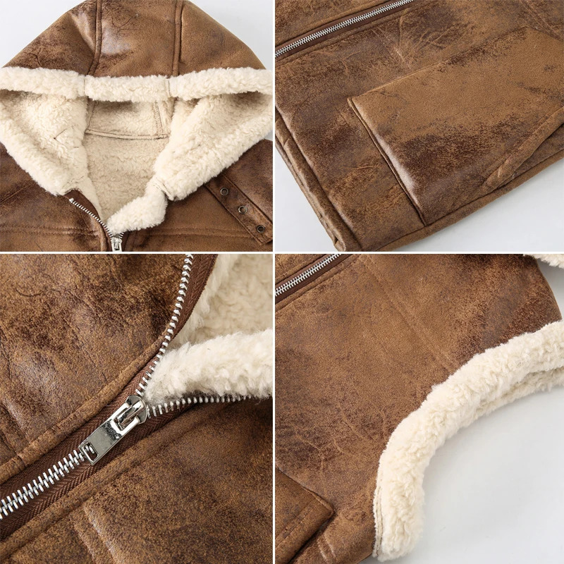 Winter Mens Fleece Warm PU Leather Vests Classical Men Faux Fur Motorcycle Leather Vests Men Windbreaker Hooded Vests Clothing 251020