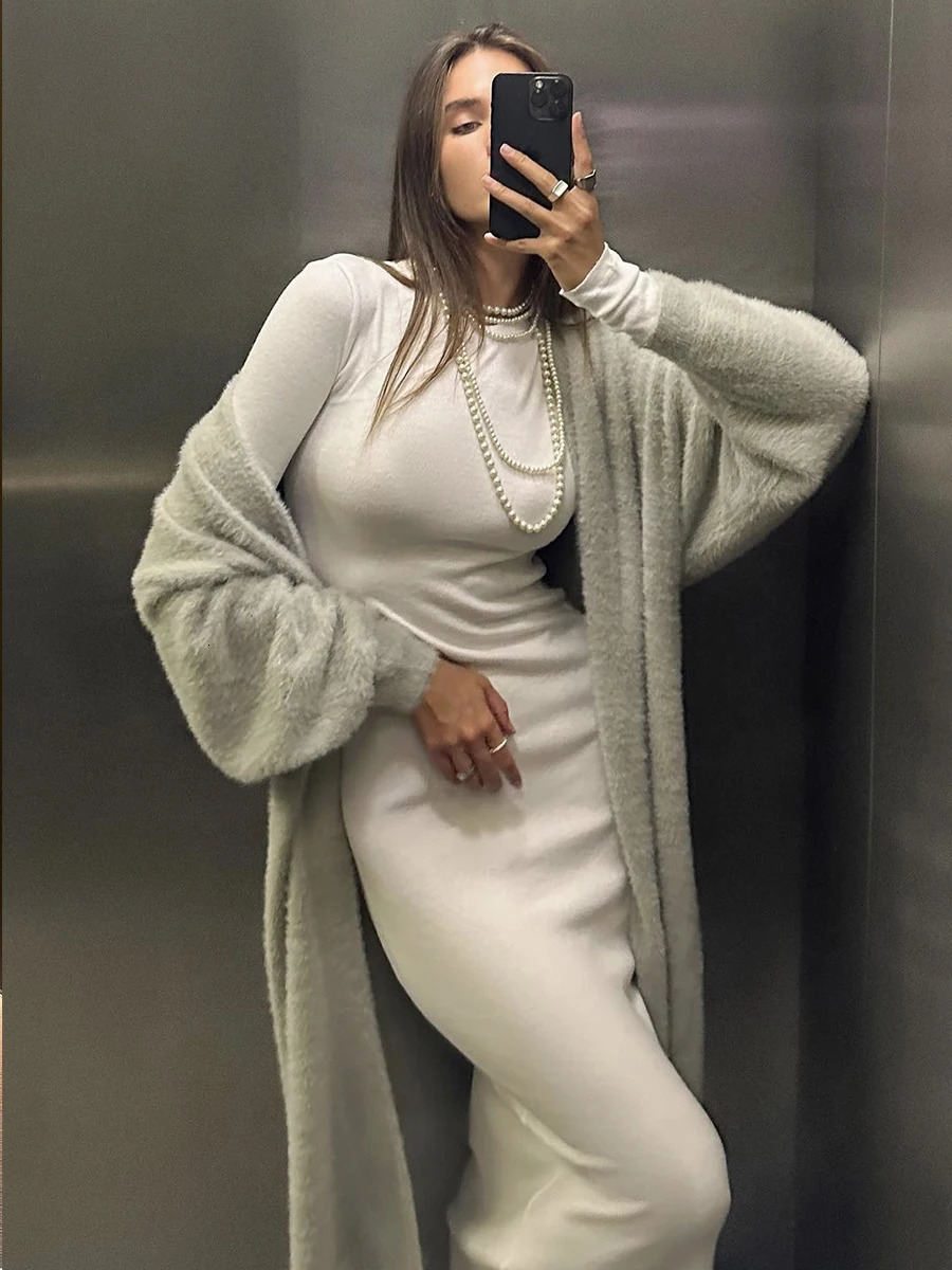 Hirsionsan Soft Knitted Set Women Autumn Winter Casual Long Sweater Cardigan with Belt Vest Midi Dresses Solid Tracksuit 251020