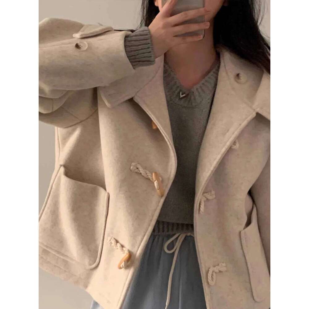 Chic Ort Women S Woolen Coat Autumn Winter Button Up Hat Design Korean Sle Commute Pure Color Long Sve Straight Cut