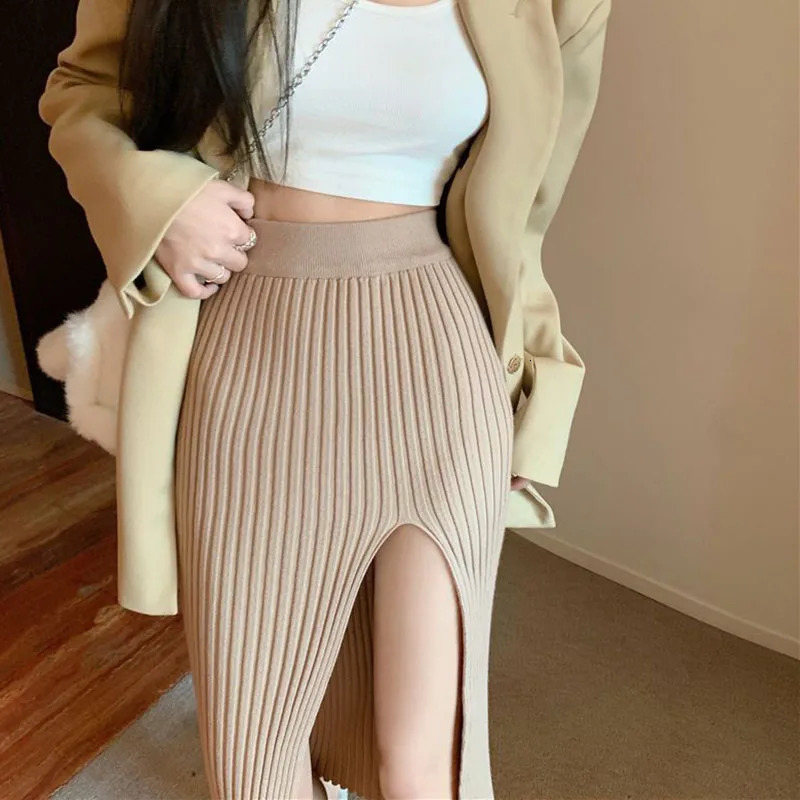 Sexy Split Bodycon Long Skirt Women Elegant Slim Fit HighWaisted Knitted Skirts Woman Autumn Winter Package Hip Midi Skirt 251020