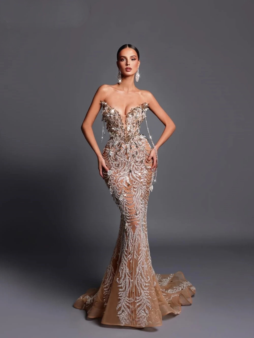 Champagne Luxury Mermaid Long Evening Dress Sexy Illusion Deep V-neck Prom Dresses Customized Beaded Cocktail Gown For Women